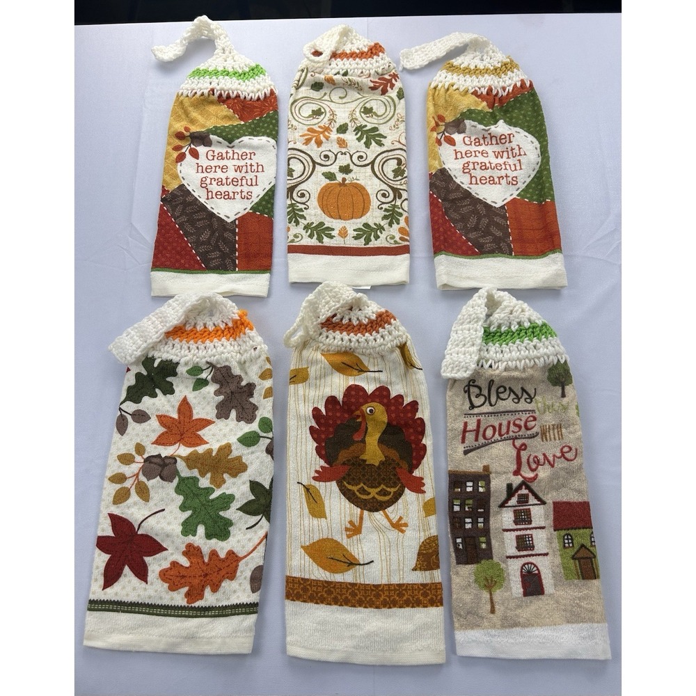 2008 Thanksgiving Hanging Kitchen Towels Lot 6 Crochet Top Turkey Fall Harvest